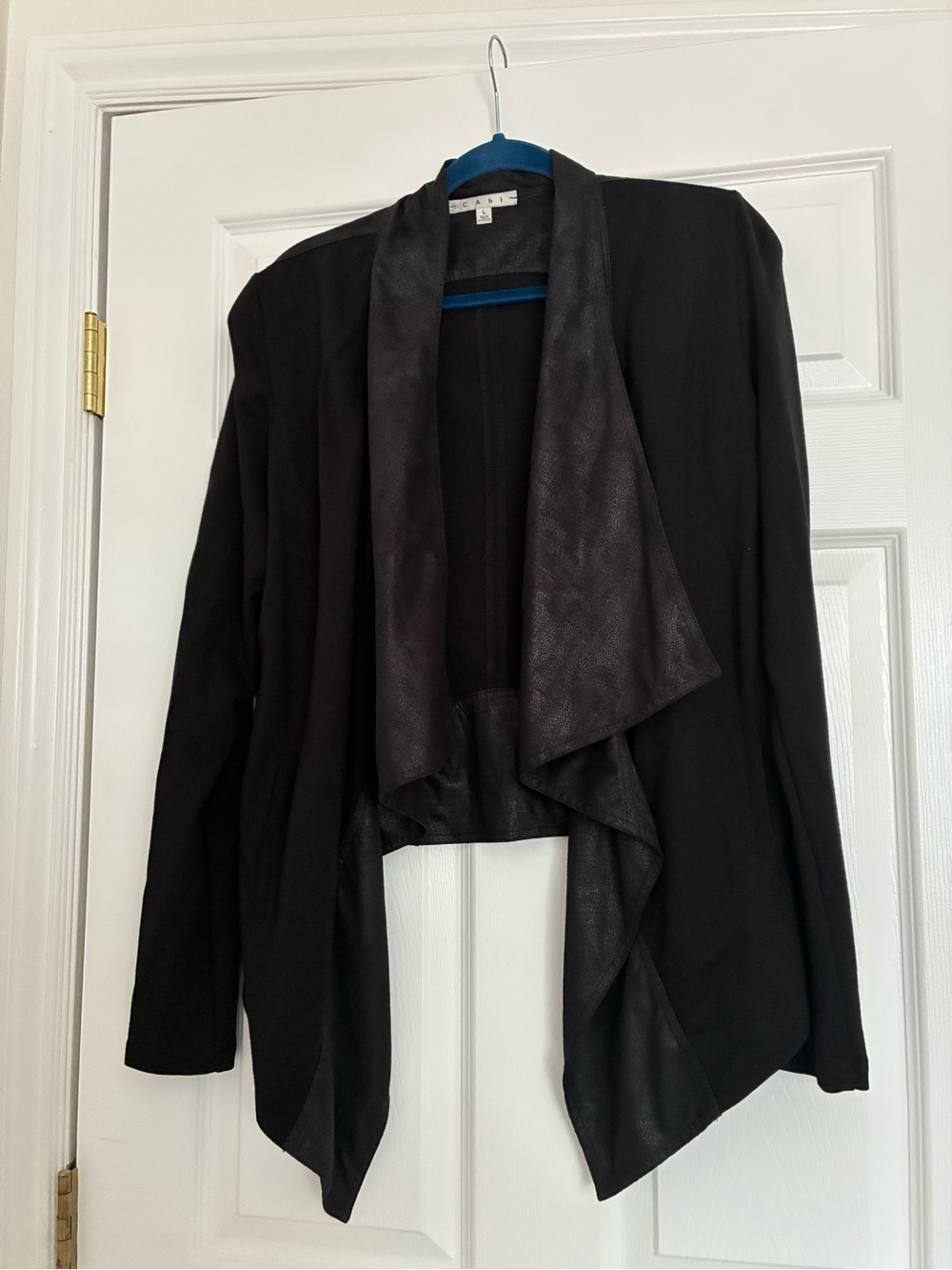 CAbi Black Draped Open-Front Cardigan with Faux-Leather Trim